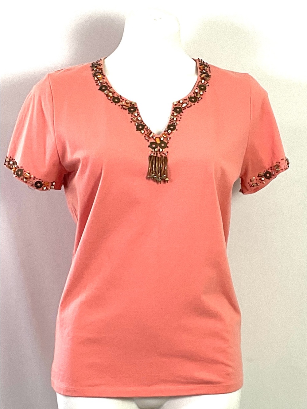 A. D. Originals -Henley styled jeweled neck coral tee -size M